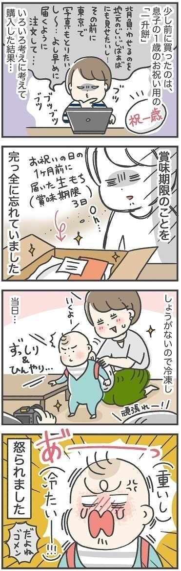 一生餅を買ったら賞味期限が3日しかなく、当日まで凍らせておいたら息子が泣いた漫画